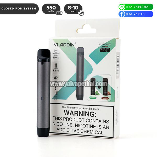 Vladdin X Starter Kit 550mAh (พร้อมพอตยา 2 หัว Menthol+Tobacco) [ แท้ ], Relx and alternatives Devices (เครื่องประเภทเปลี่ยนหัวน้ำยาได้), Vladdin - Yaivape บุหรี่ไฟฟ้า